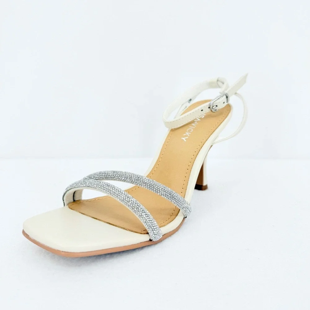 Lisa Vicky Gem V Women's Cream Square Toe Rhinestone Strap Heels Size 6M NWOB